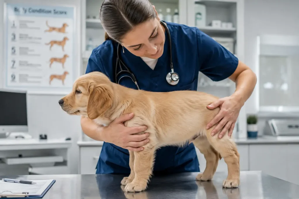 A veterinarian gently assessing a young puppy's waist and ribcage 