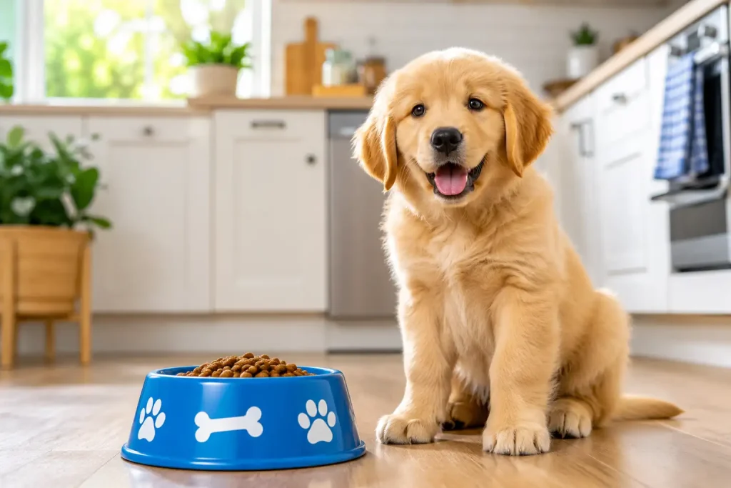 happy golden retriever puppy sitting patiently