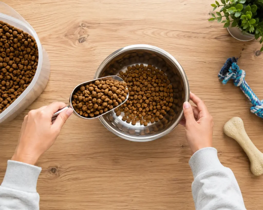  measuring dry puppy food with a metal scoop 