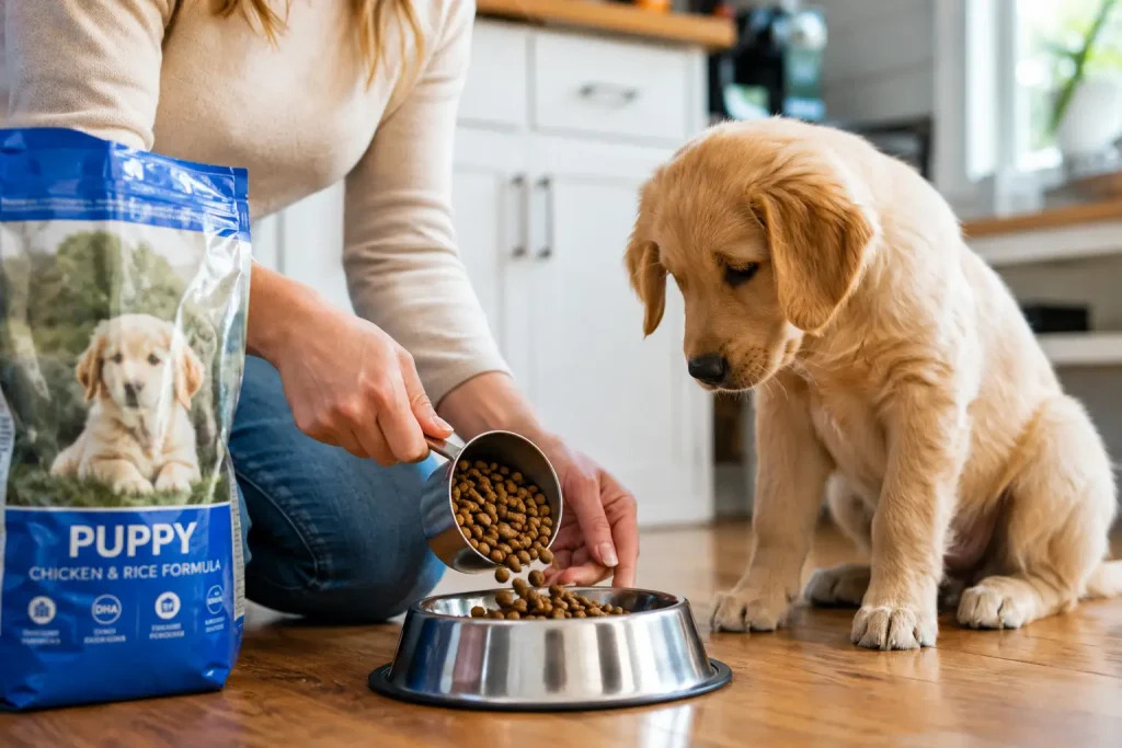 steel bowl with puppy food in a cozy kitchen setting