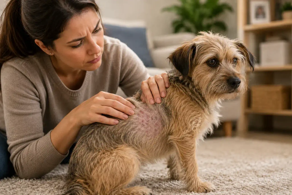 examining the skin and coat of a small terrier mix dog
