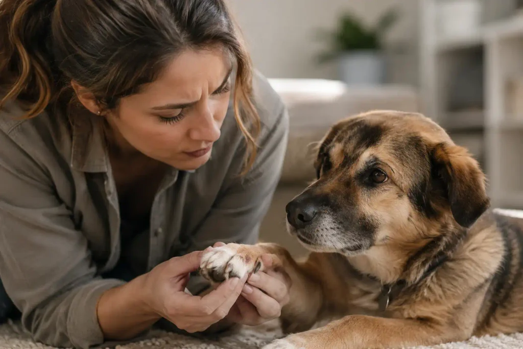 examining their dog's paw