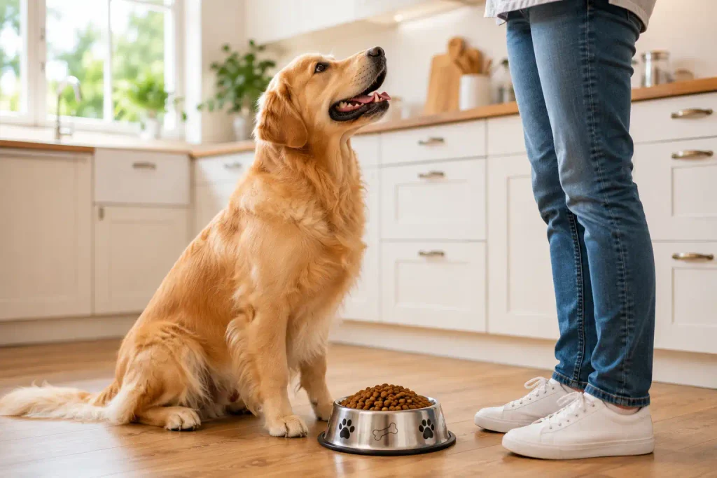 full bowl of dry dog food in a bright