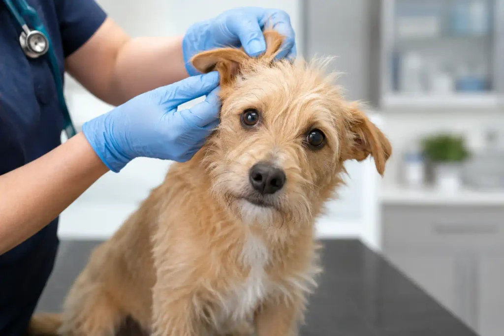 cute terrier mix dog sitting on a vet examination