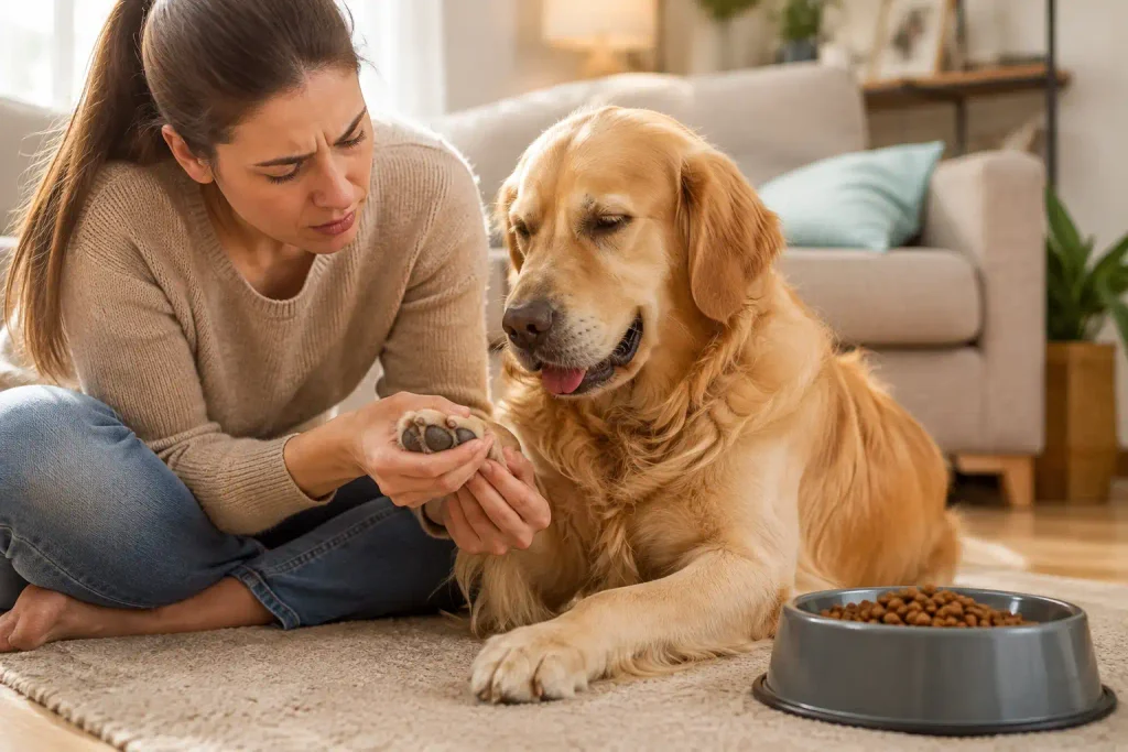 gently examining a golden retriever's paw