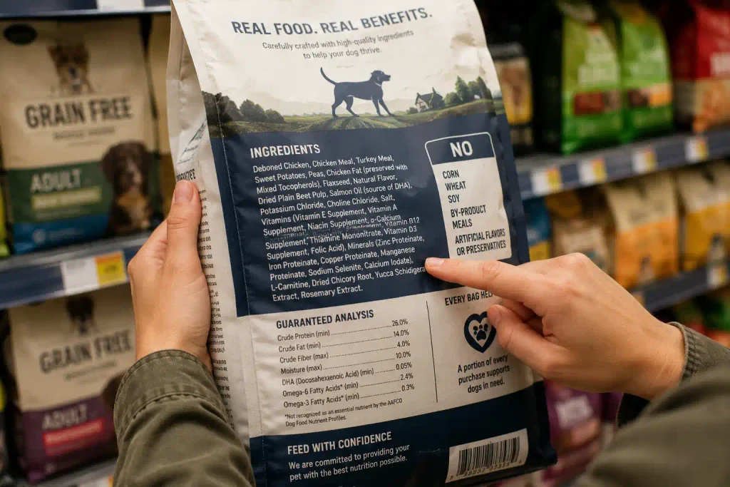 pointing at the ingredient label on the back with their index