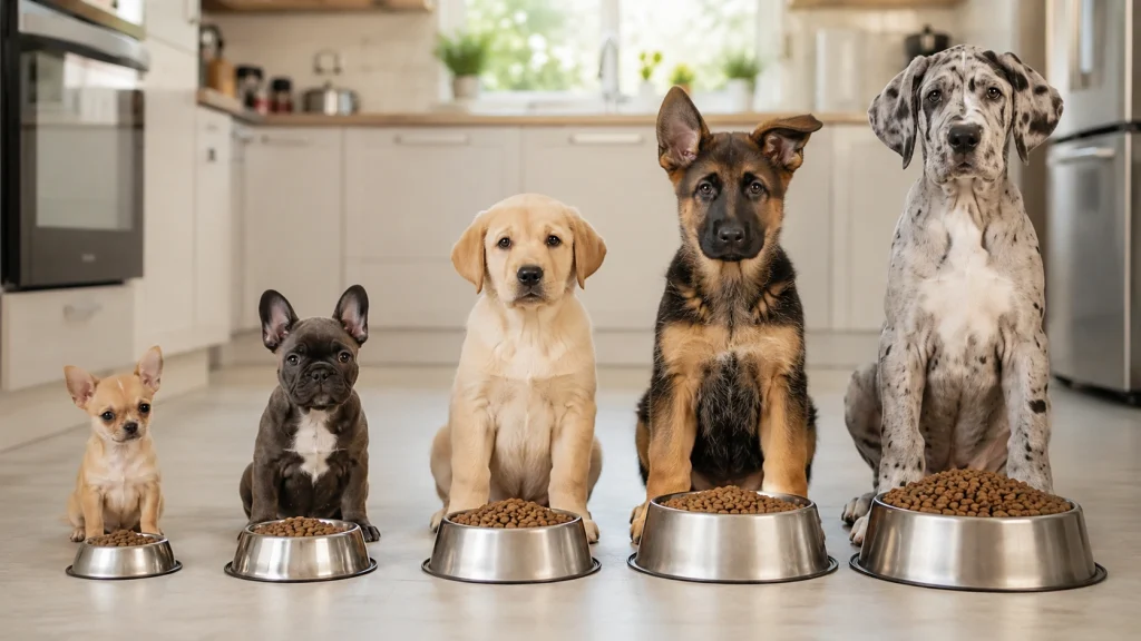 small, medium, large, and giant breeds sitting beside appropriately sized food bowls