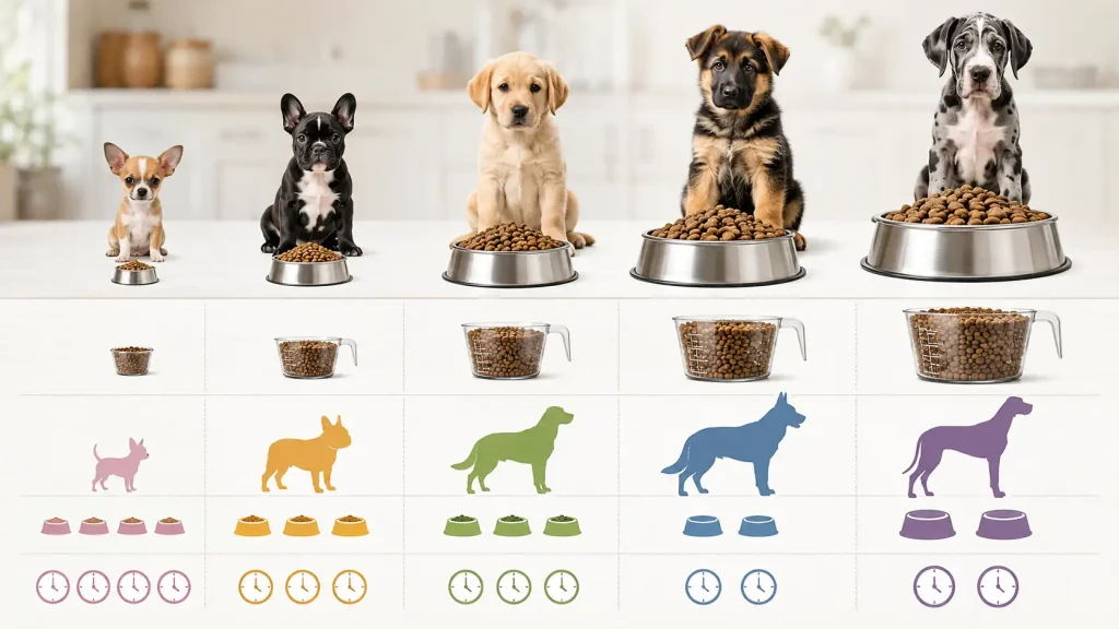 small, medium, large, and giant puppy breeds.